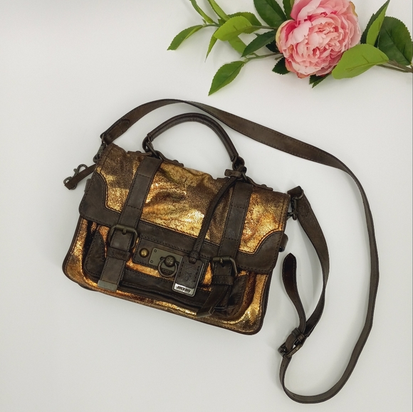 Frye Handbags - FRYE Cameron Metallic Gold, Copper & Brown Leather Small Satchel Crossbody Bag
